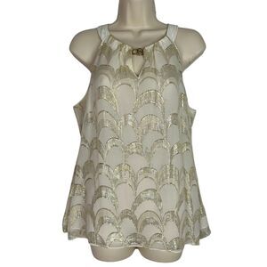 White House Black Market Silk Tank Top Sz L Gold Metallic Scallop Pattern Blouse